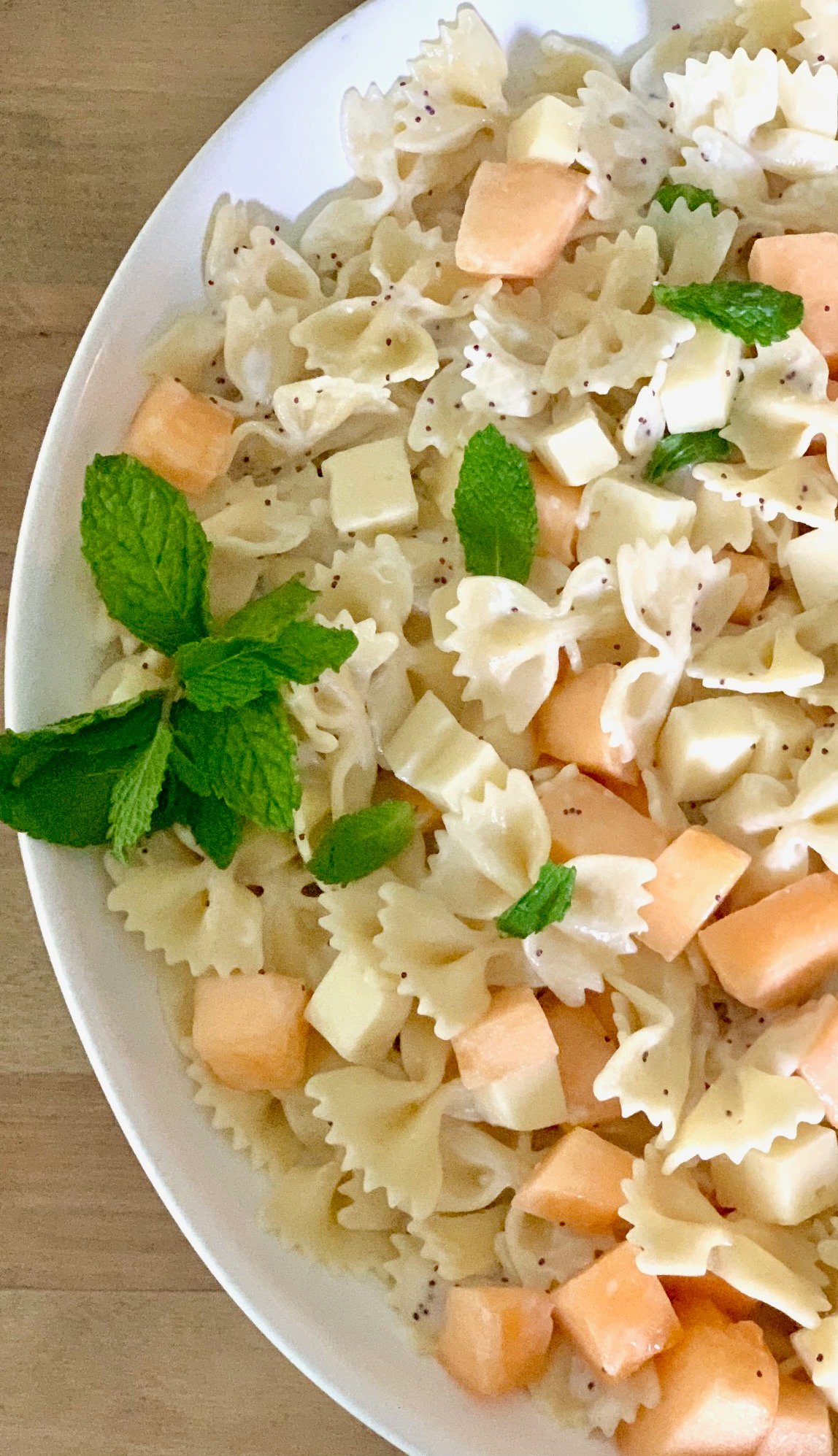 Pasta salad recipe with bow ties, mint, cantaloup and fontina cheese.