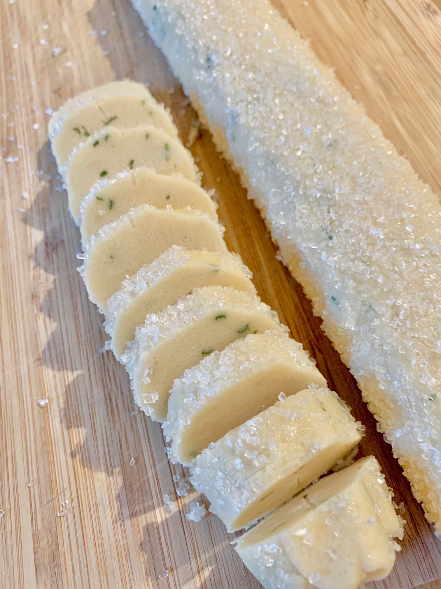 A log of cookie dough cut.