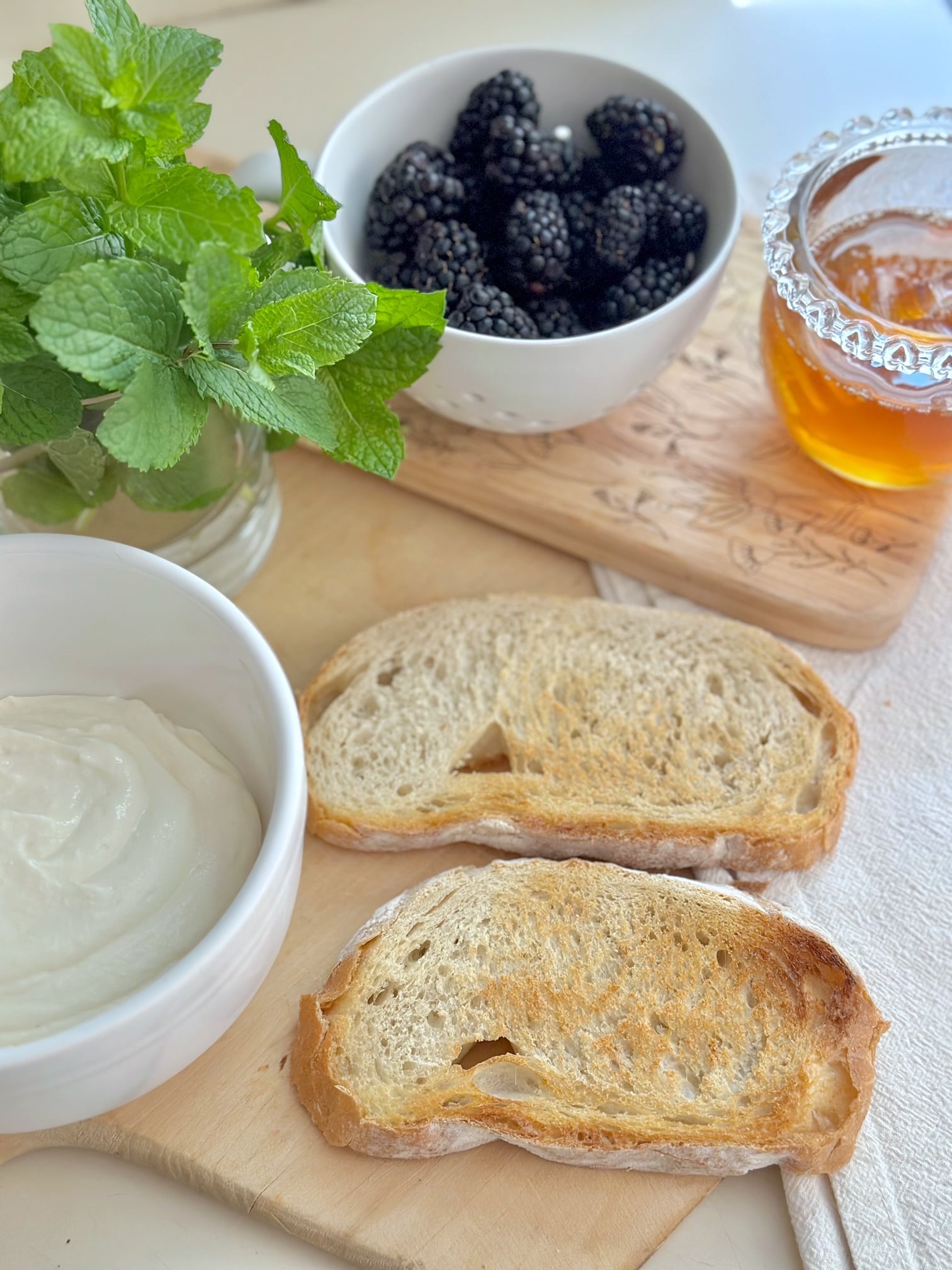 bread toasted on a bread board.