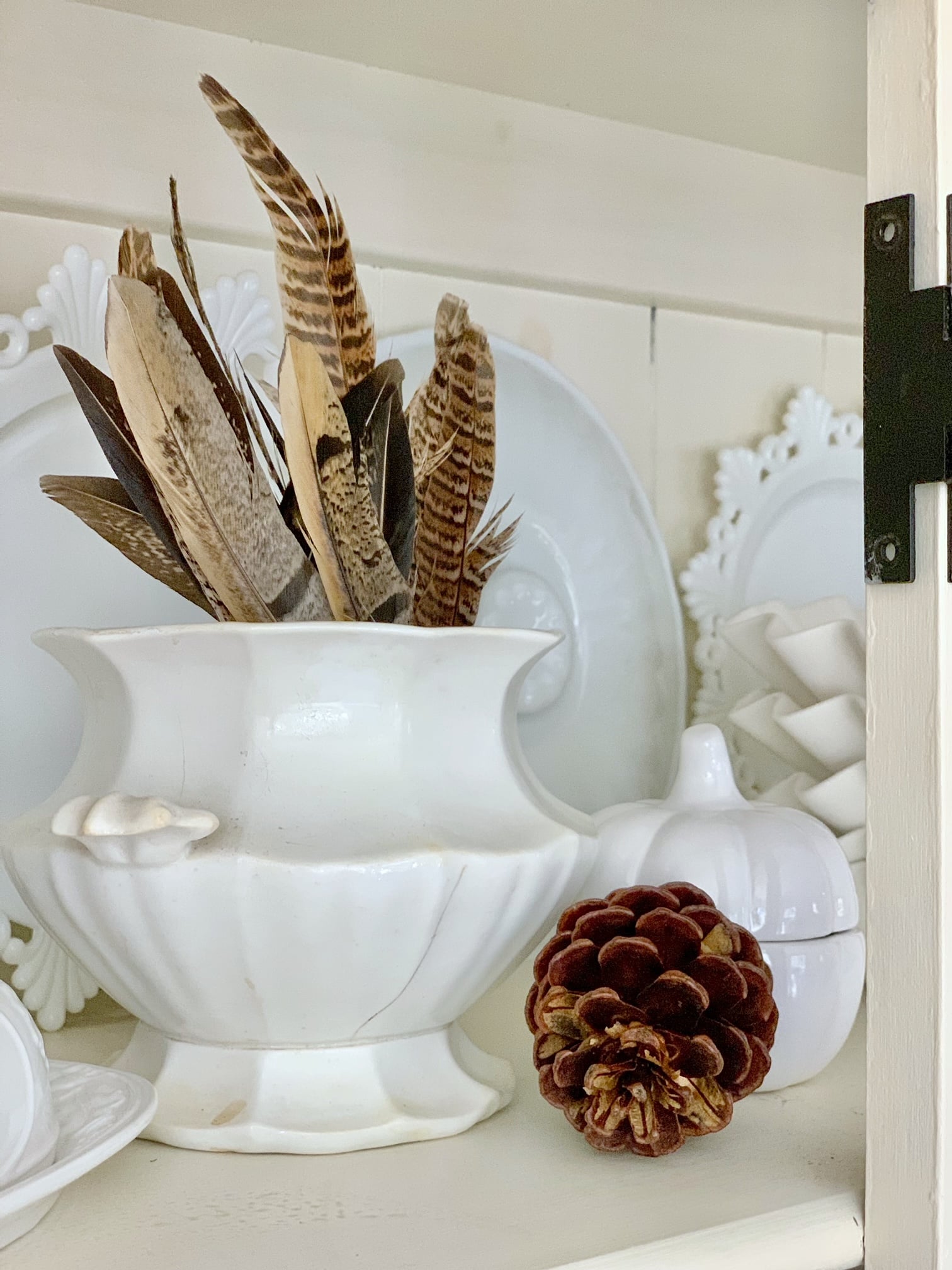 A small urn with pheasant feathers in it. There are also other dishes, pumpkin and pine cones.