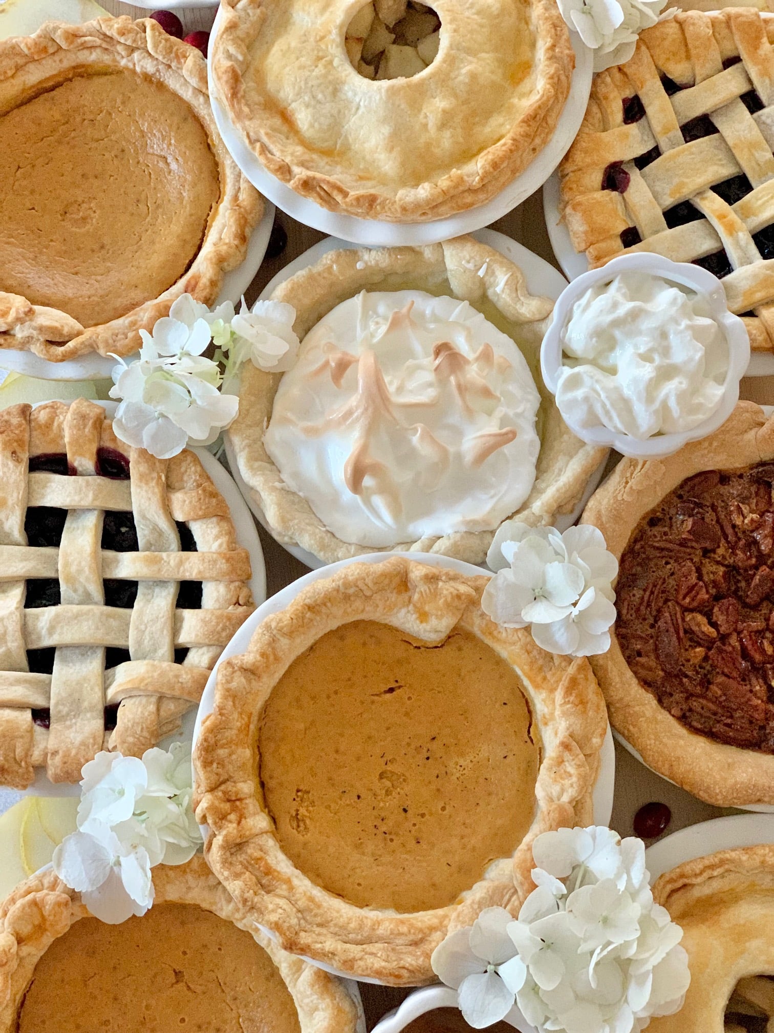 A close up of this mini pie board with a variety of seasonal pies. 