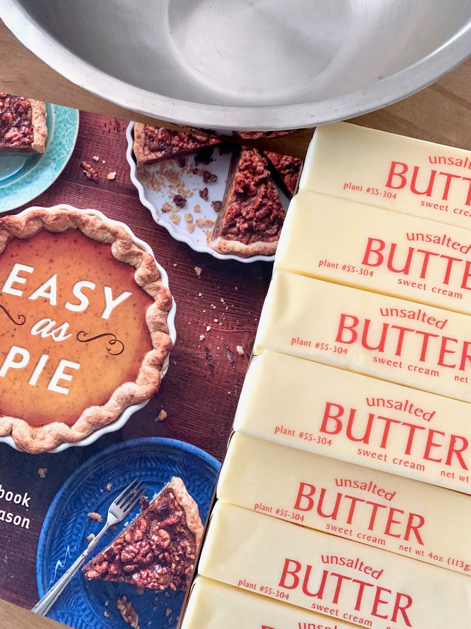 Easy as pie book with sticks of unsalted butter. 