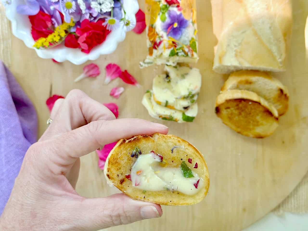 Flower butter on bread.