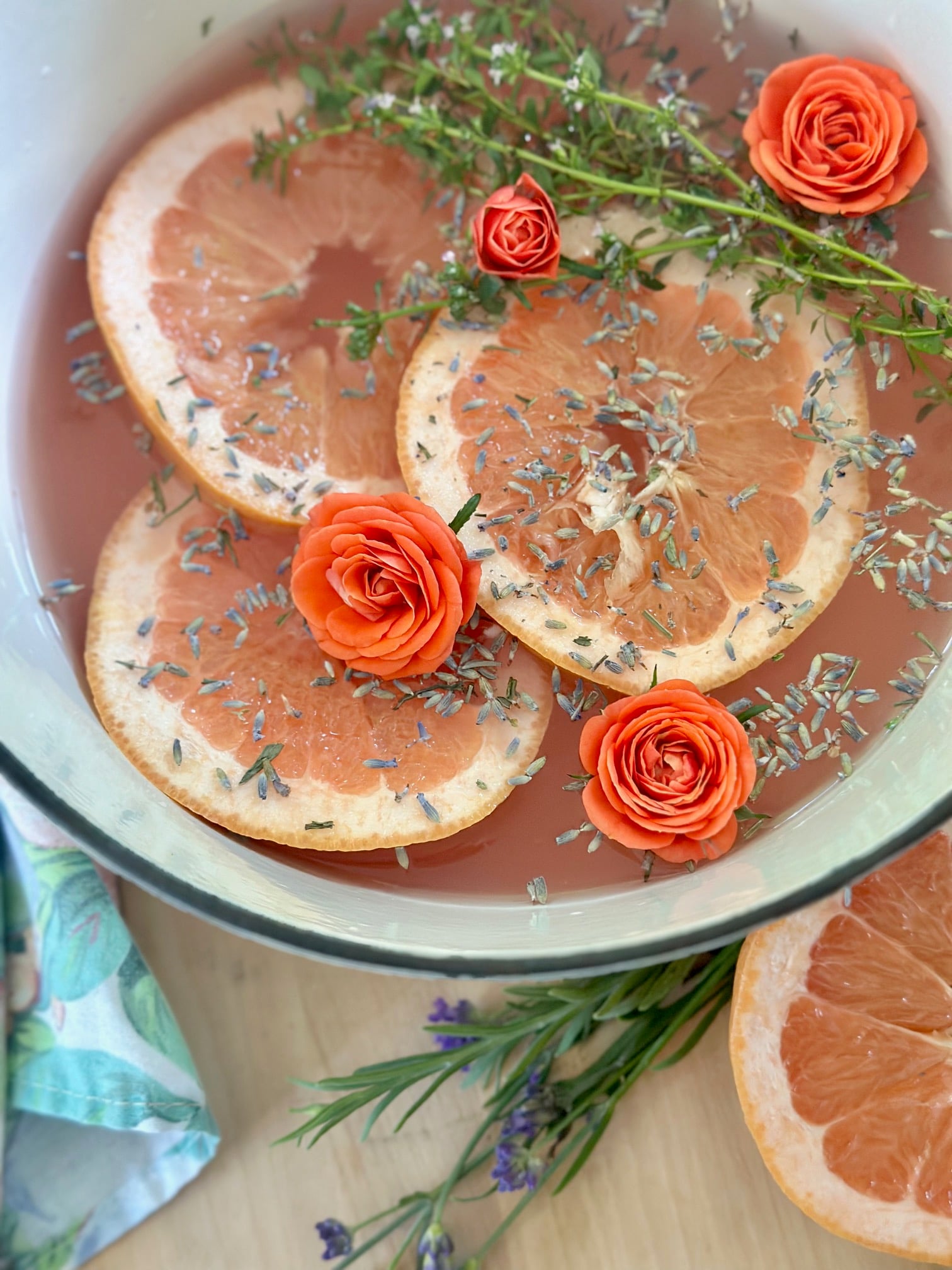 Simmer pot of grapefruit slices, lavender and thyme summer simmer pot recipe.