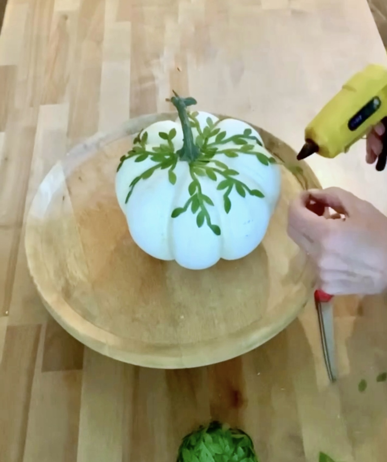 A small white pumpkin with ribbon vine being glued on. 