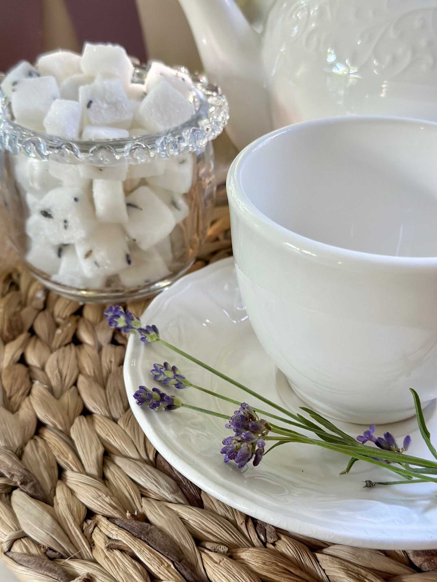 Tea cup with lavender cubes.