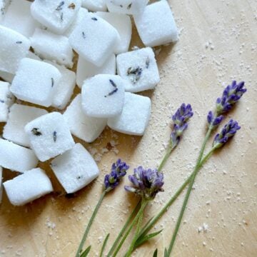Sugar cubes with lavender stems.