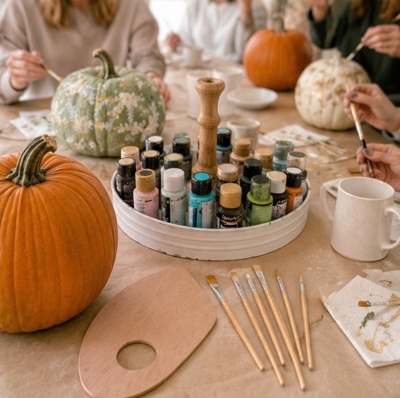 Pumpkin painting party. Friends and family around my dining room table painting pumpkins. 
