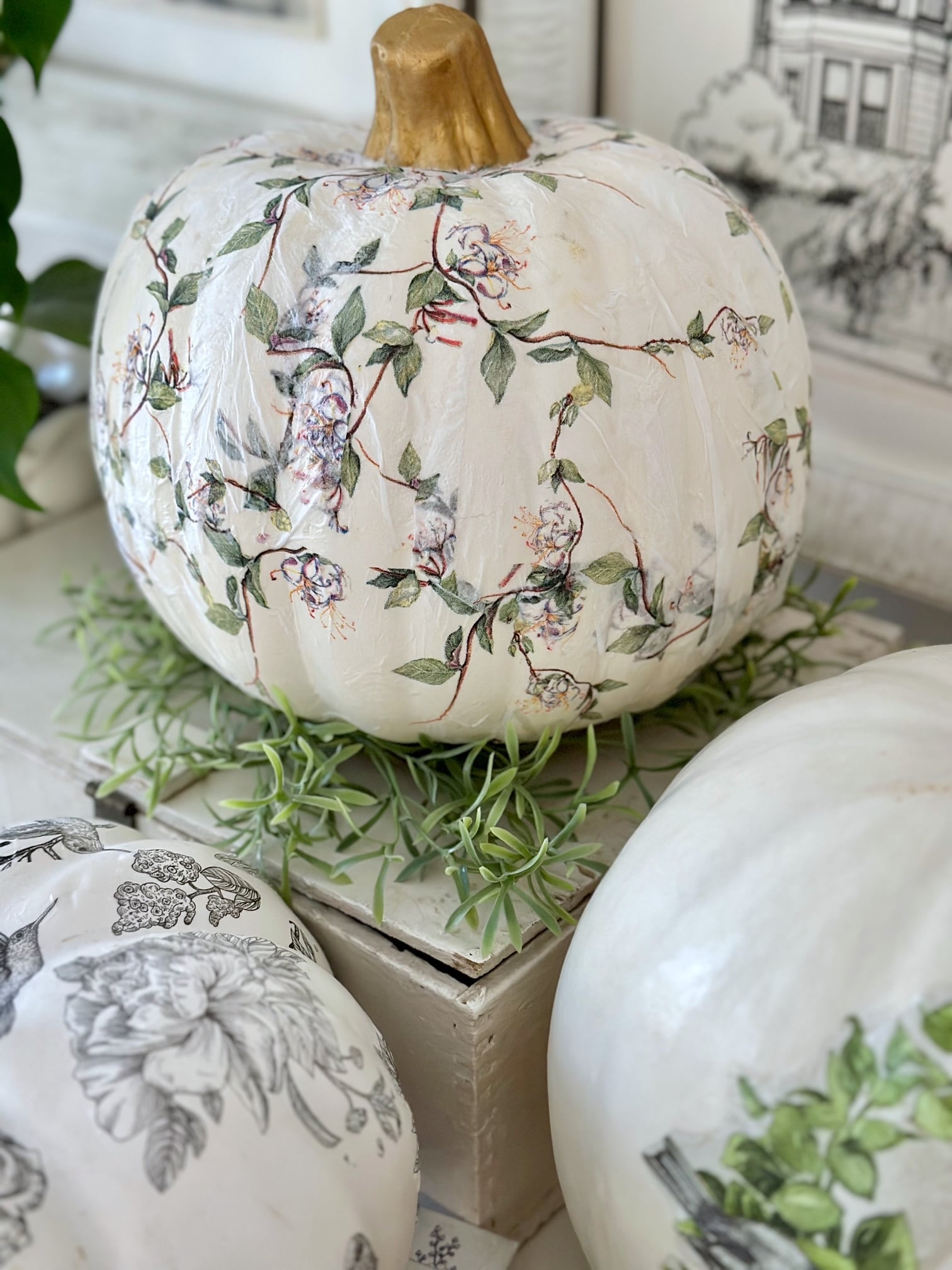 Full-coverage chinoiserie decoupage pumpkin completed. 