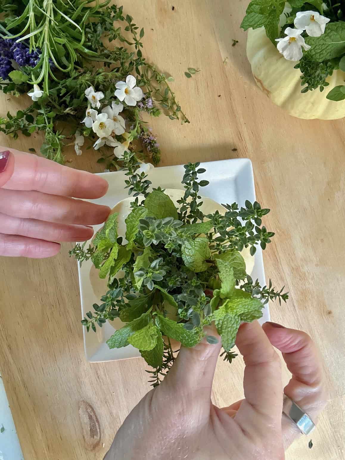 Thyme and mint in the floral foam.