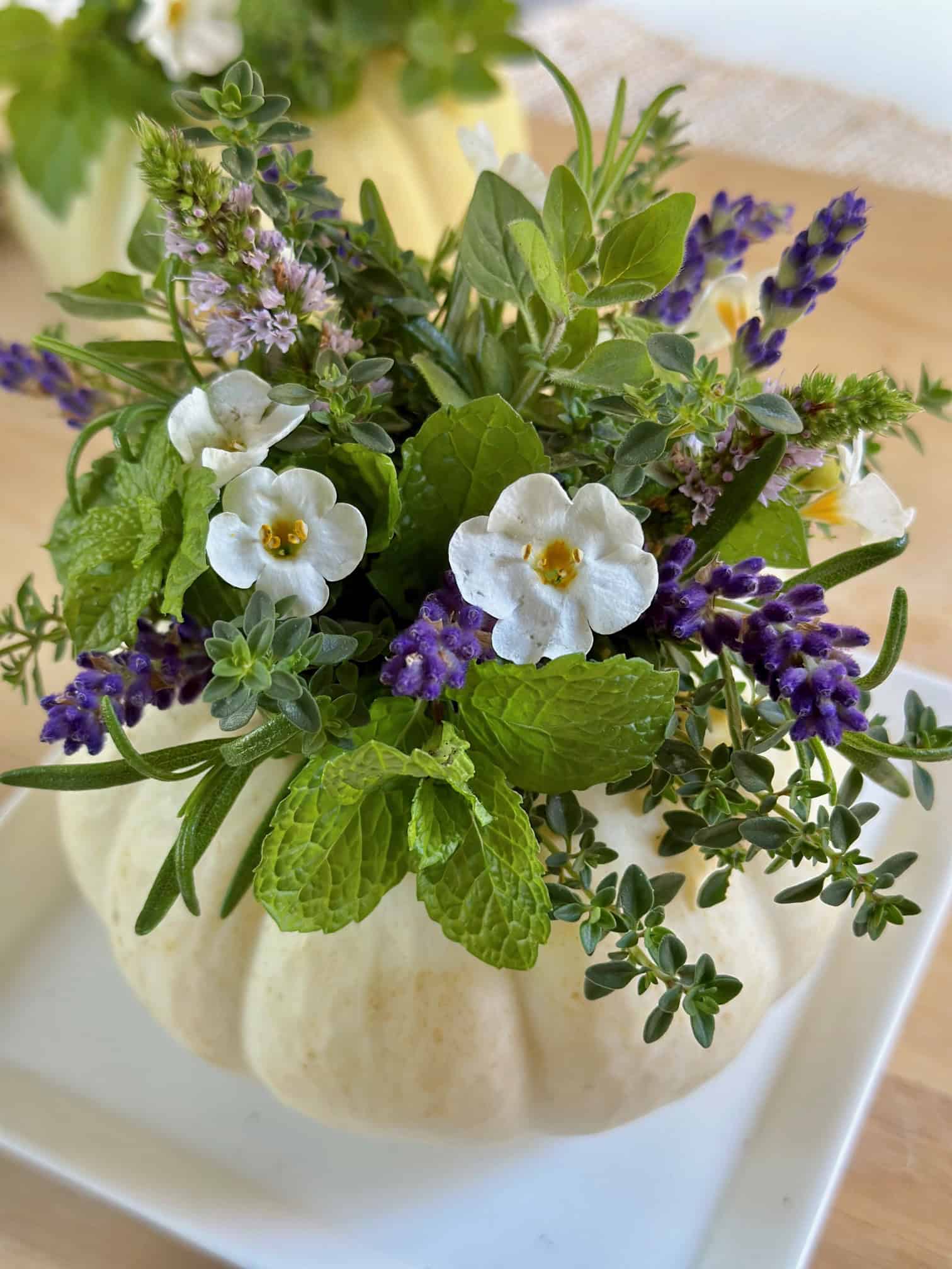 Mini white pumpkin with fresh greens and little white flowers.