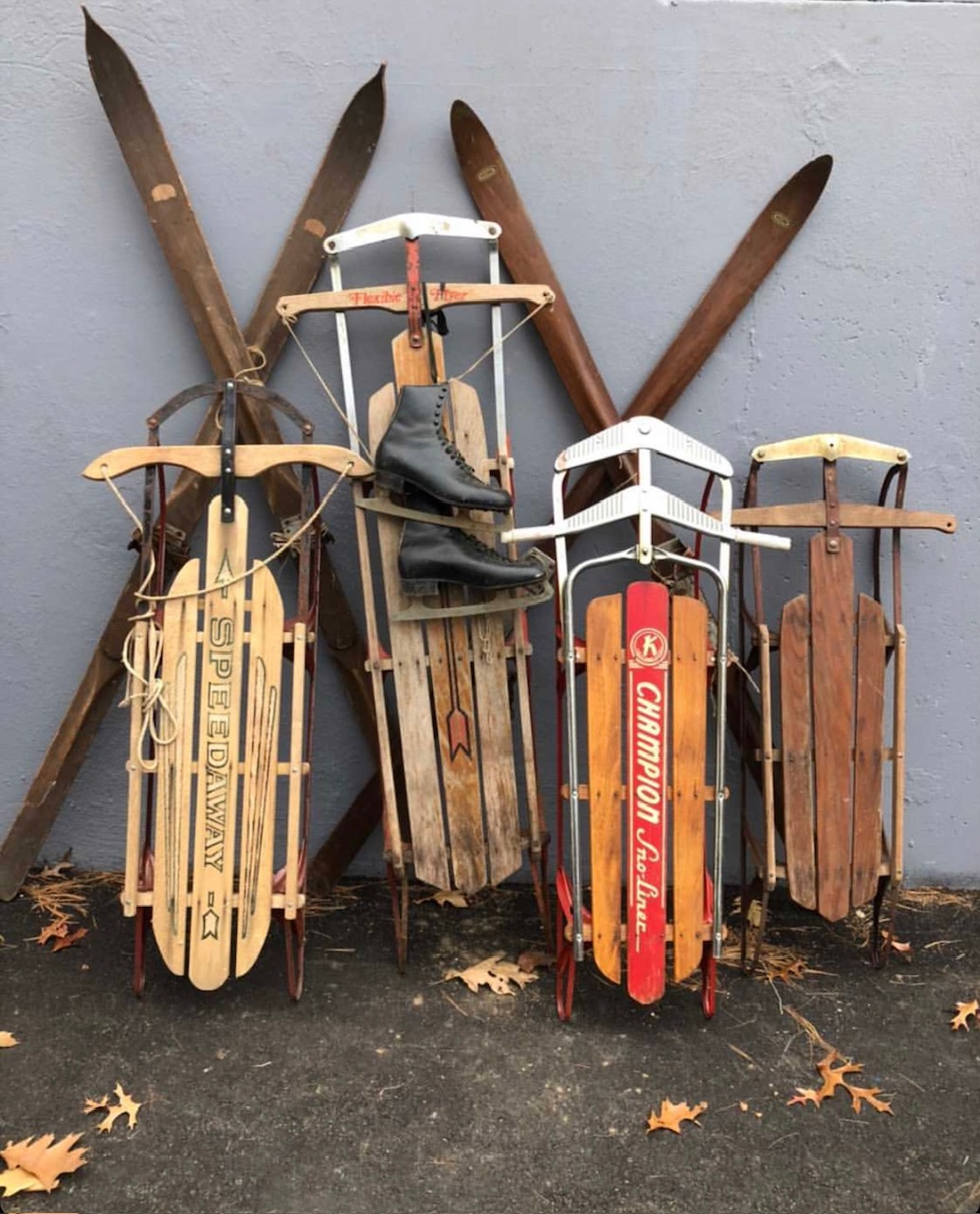 Sleds for sale at a local vintage dealer.