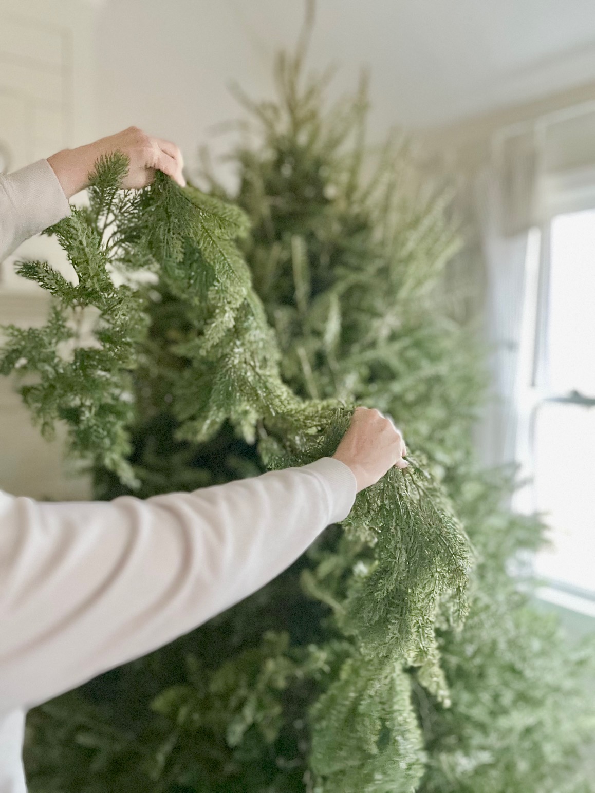 Holding a green garland in front of a tree.