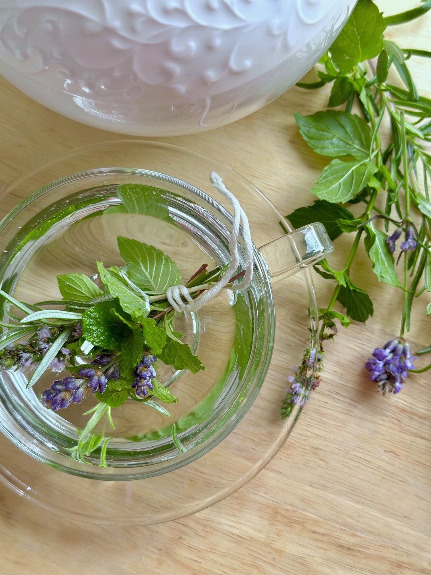 Clear glass tea cup with a small bundle of fresh herbs floating in water.