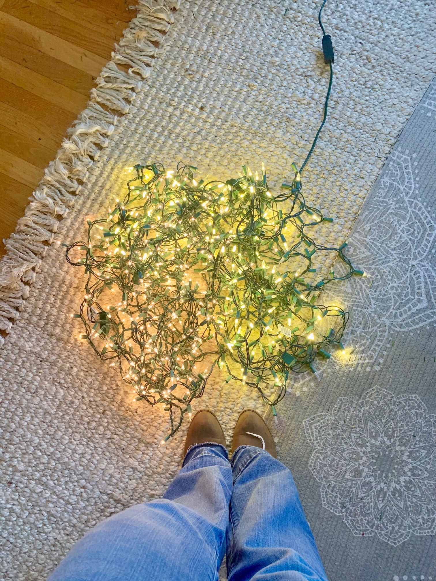 Me standing over a pile of Christmas lights on the floor.