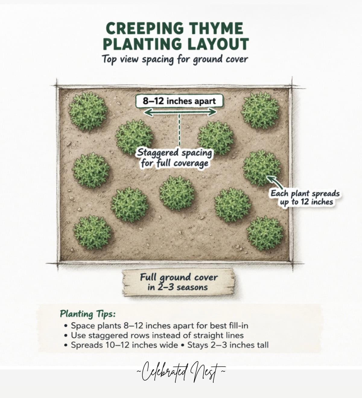 Creeping thyme planting layout. Top view spacing chart. 