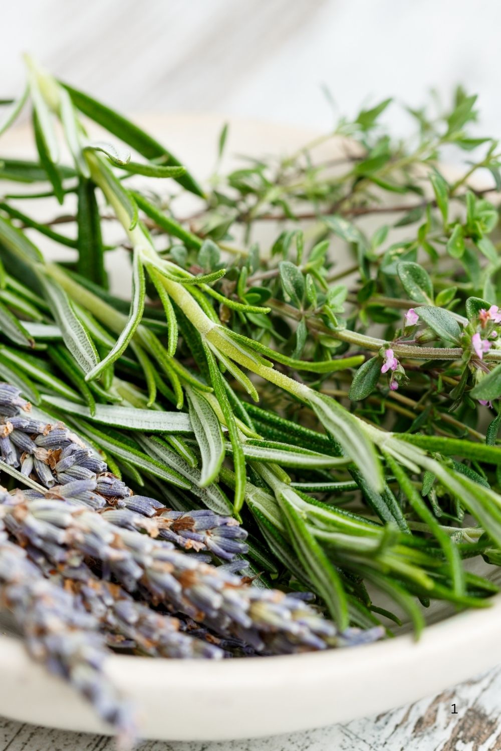 A white bowl of fresh herb stems. 