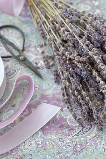Dried lavender bunch with lavender ribbon.