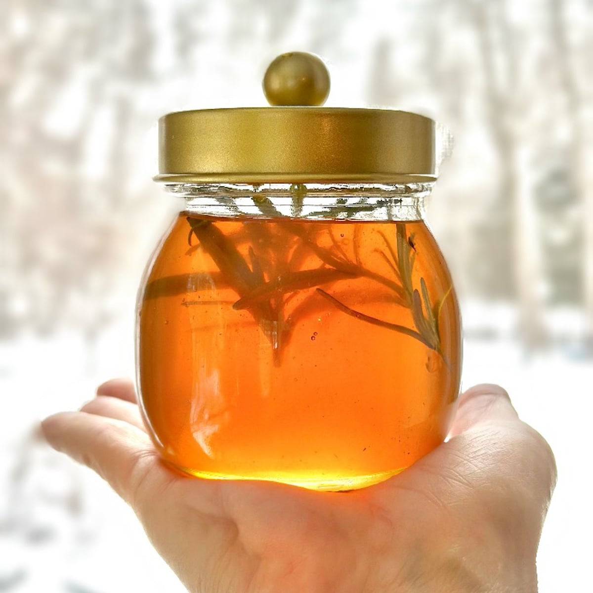 Jar of honey with rosemary in it - being held in front of a window.