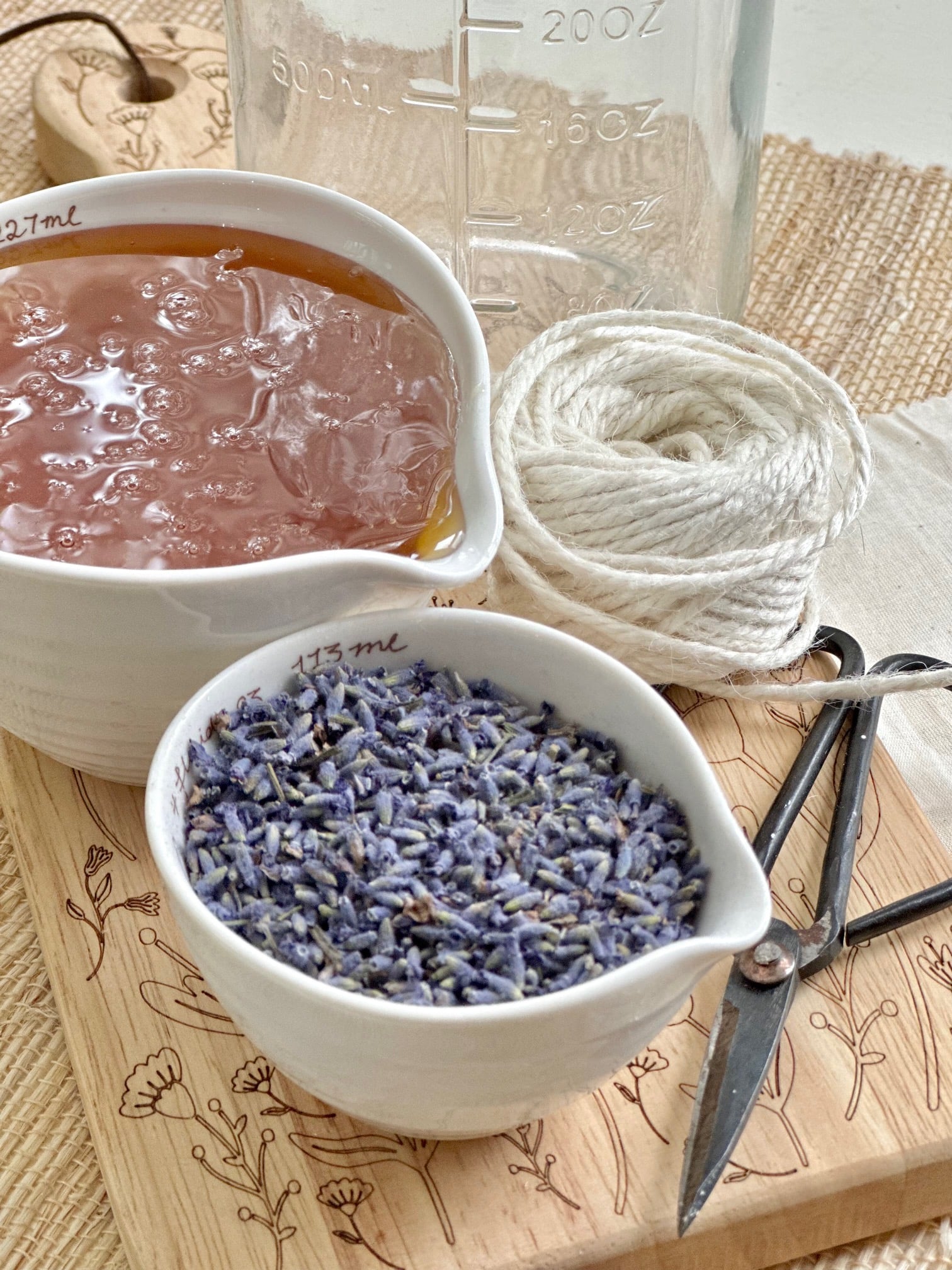 The supplies and ingredients for lavender honey making. 