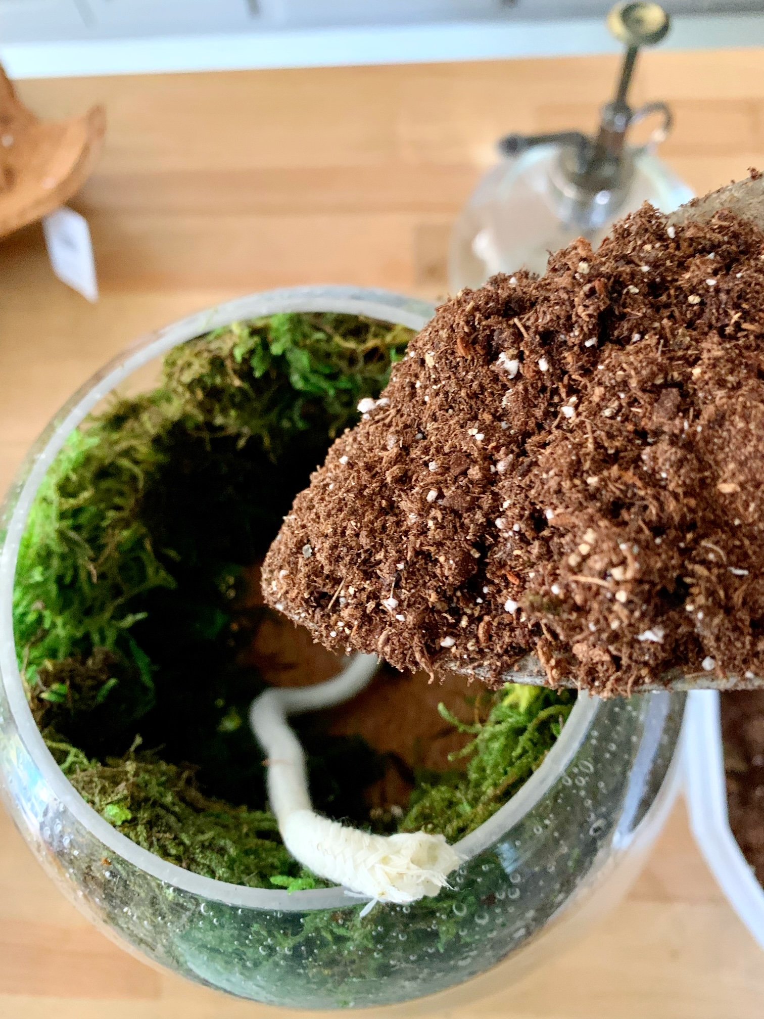 Shovel full of soil. The soil is being scooped into the globe.