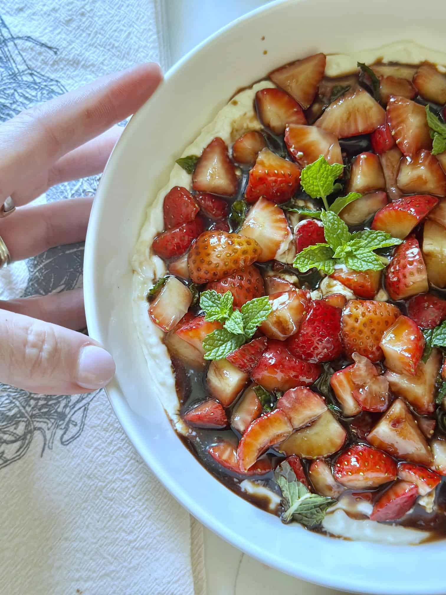 Strawberry mint bruschetta dip in a bowl. 