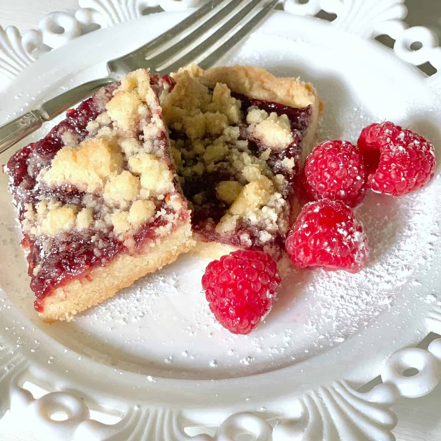 Two squares on a plate with a fork. 