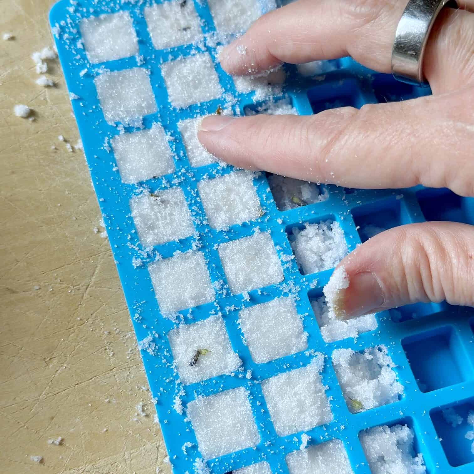 Pressing the wet sugar and lavender mixture in a sugar cube mold. 