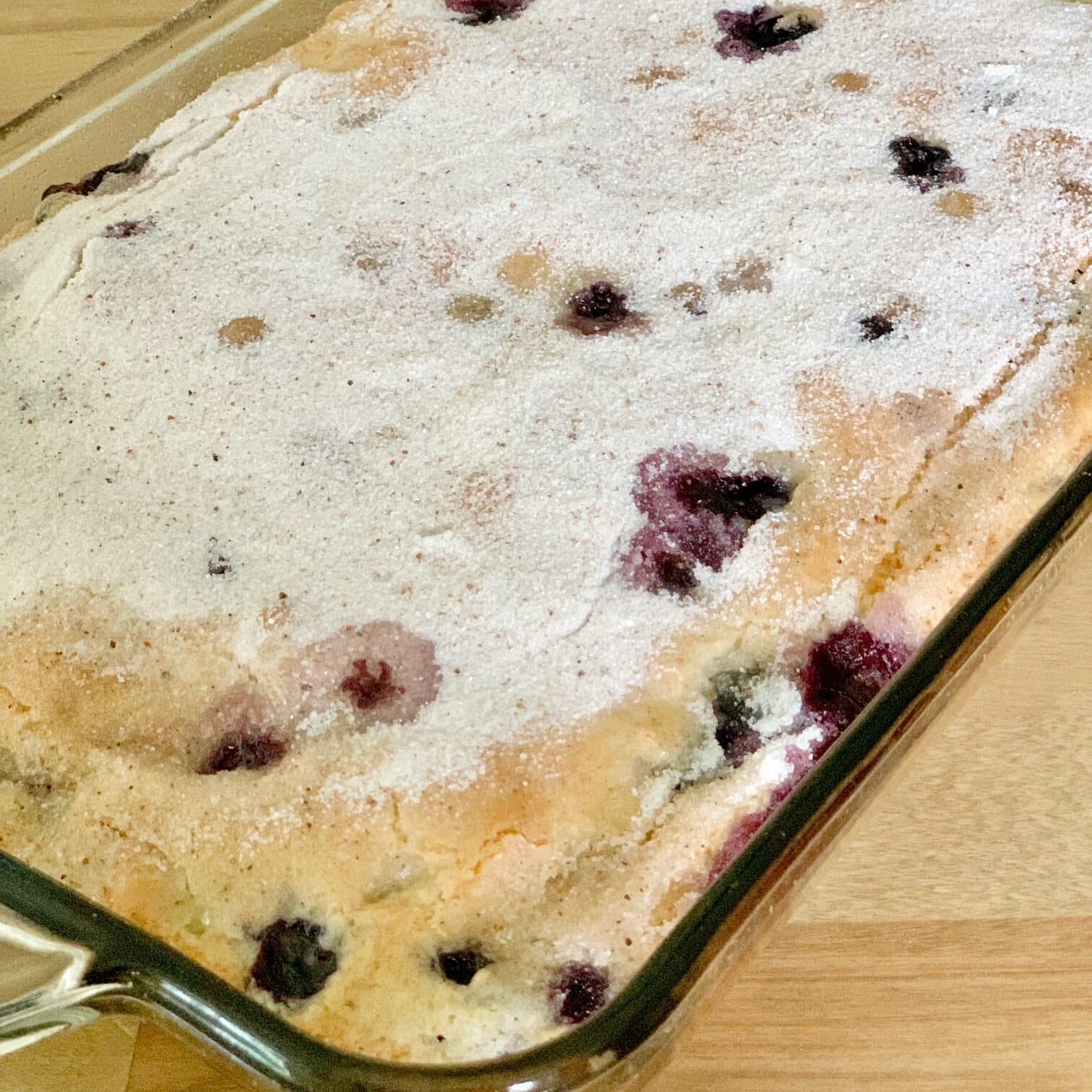 Right out of the oven. A 9 x 13 pan with blueberry crumb cake in it.