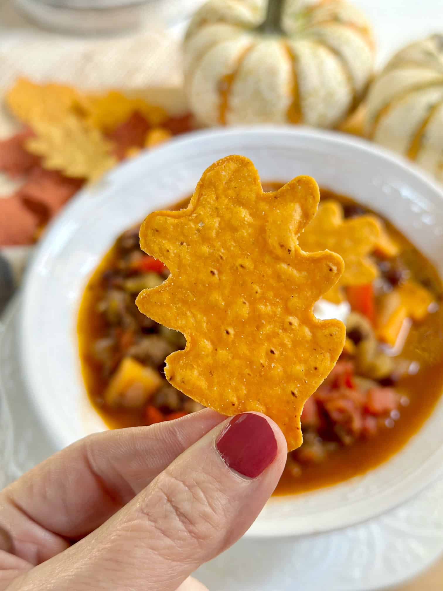 A leaf shaped tortilla chip in my hand. 