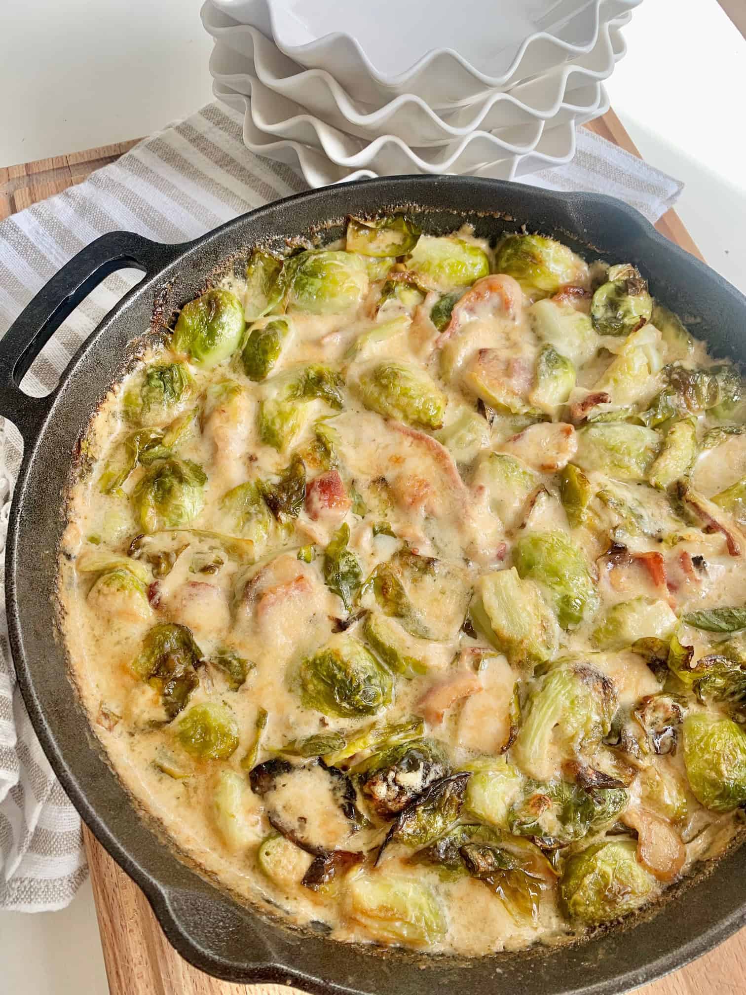 A cast iron pan with the recipe in it. 