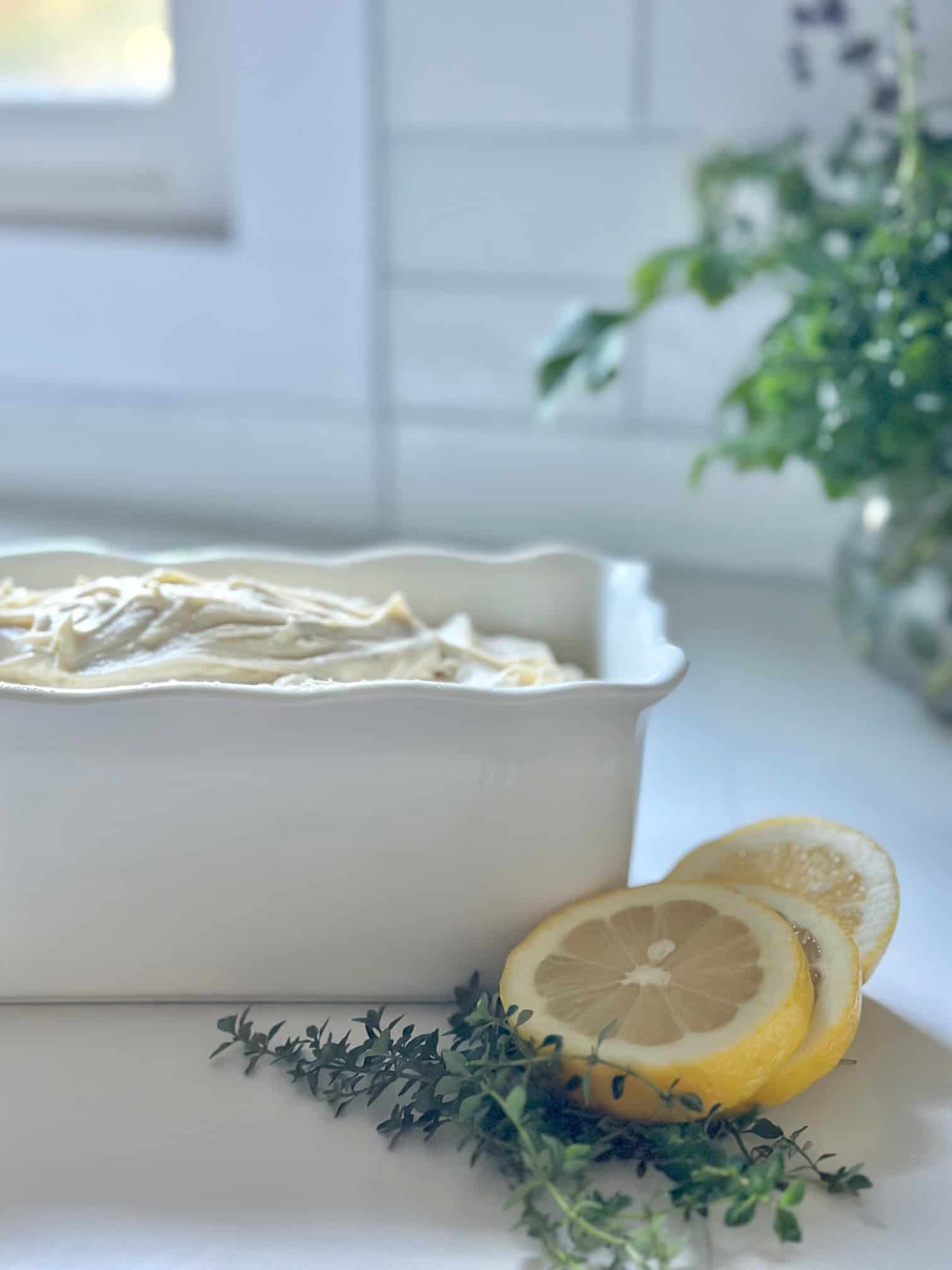 Baking dish loaf pan with batter.