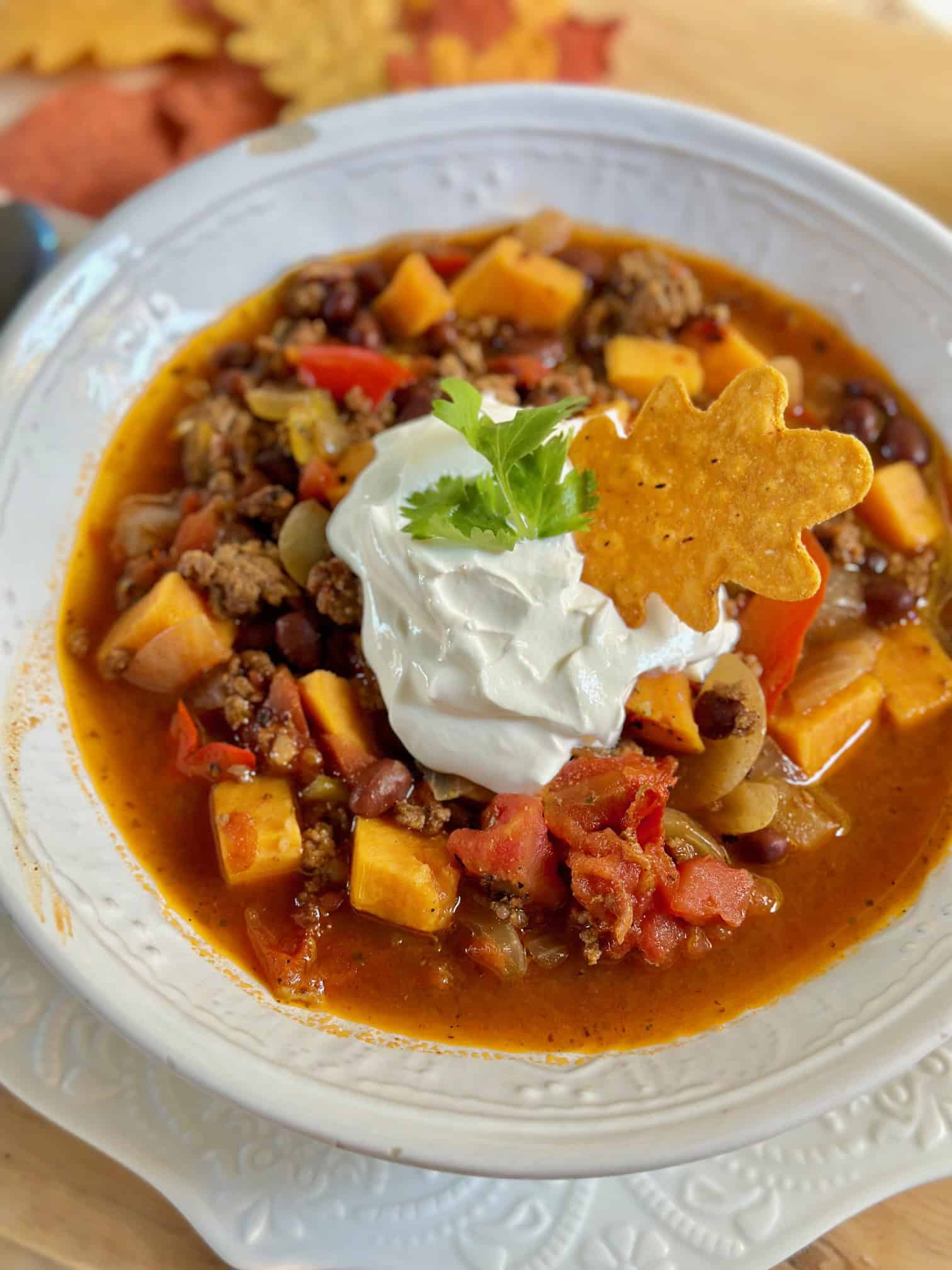 A close up of this beef sweet potato chili in a bowl. 