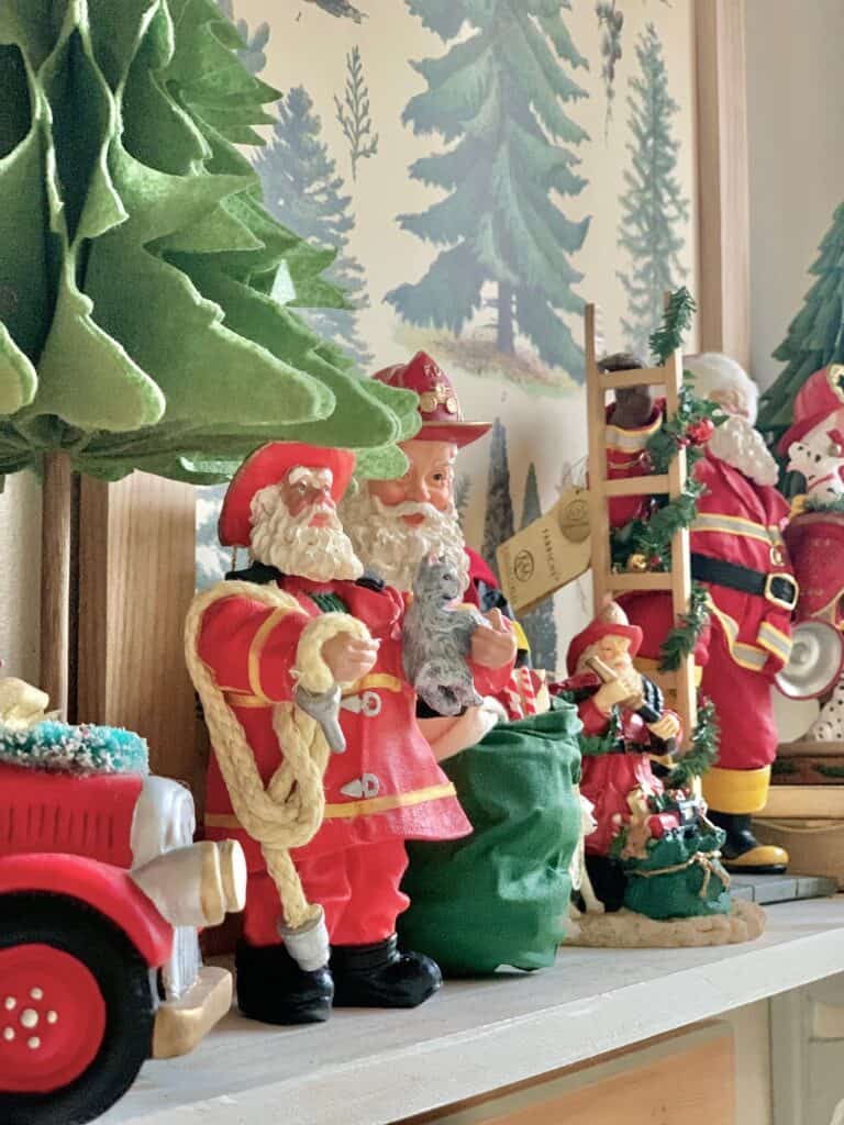 Firefighter Santas on a shelf. 