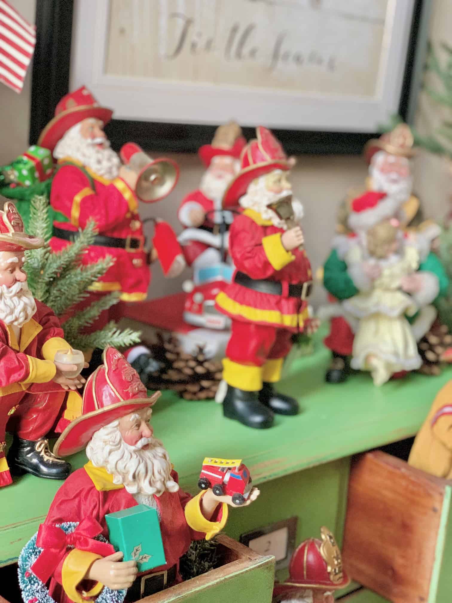 A side view of the firefighters Santas.
