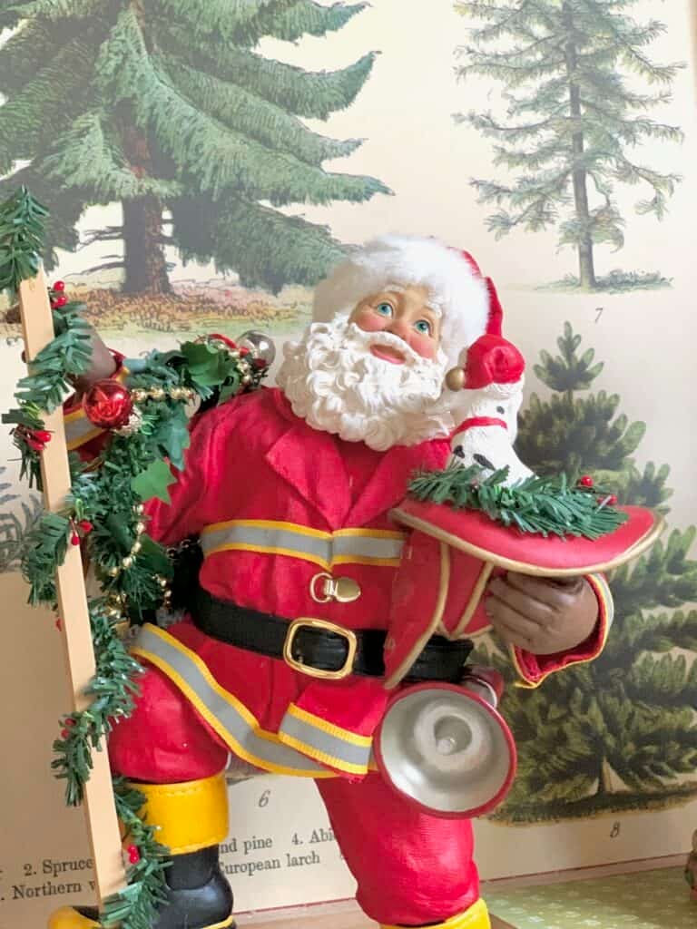 Close-up of a unique Firefighter Santa collectible.