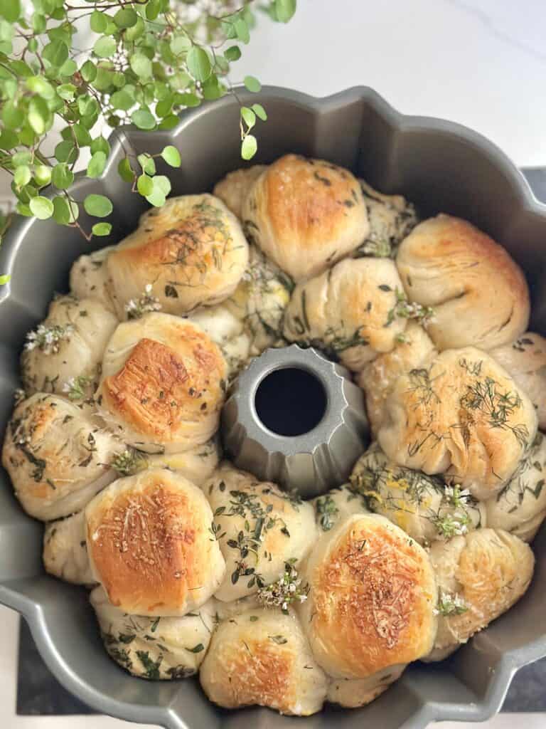Pull apart bread baked in a pan.
