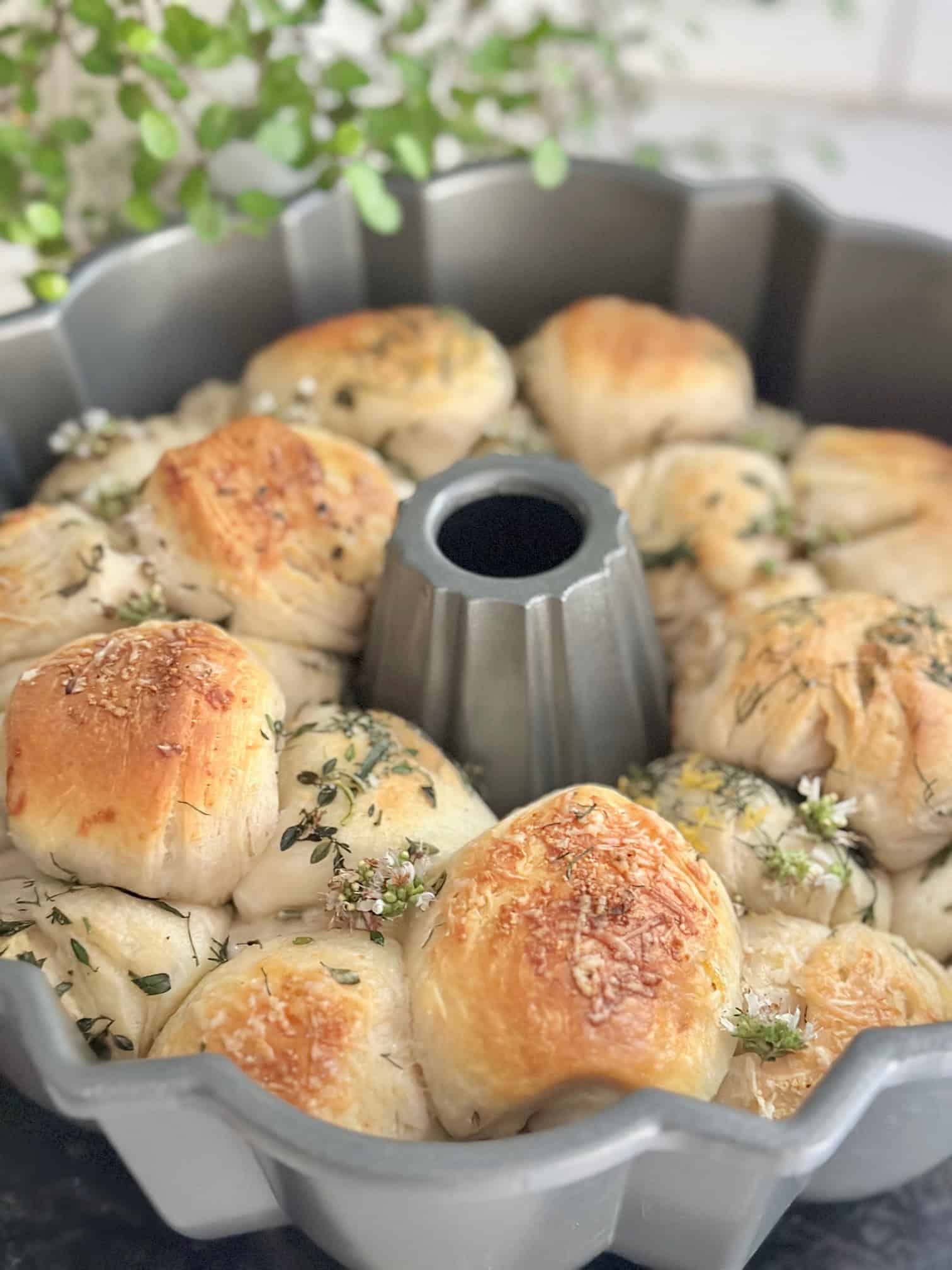 The bread baked in a pan.