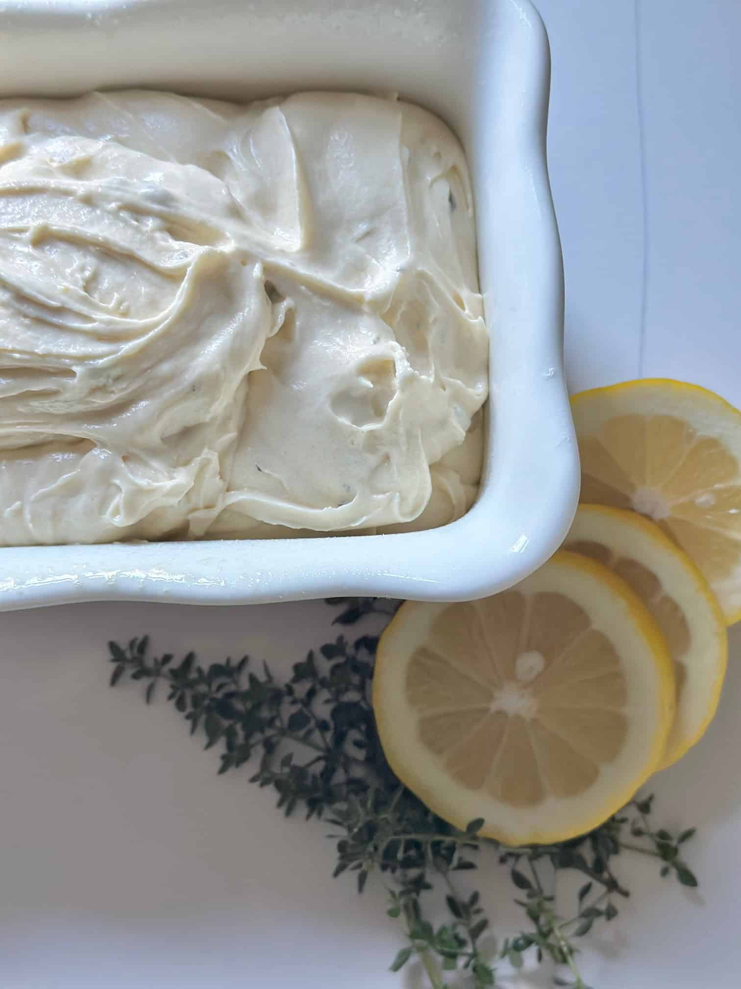 Batter in baking dish ready for the oven.