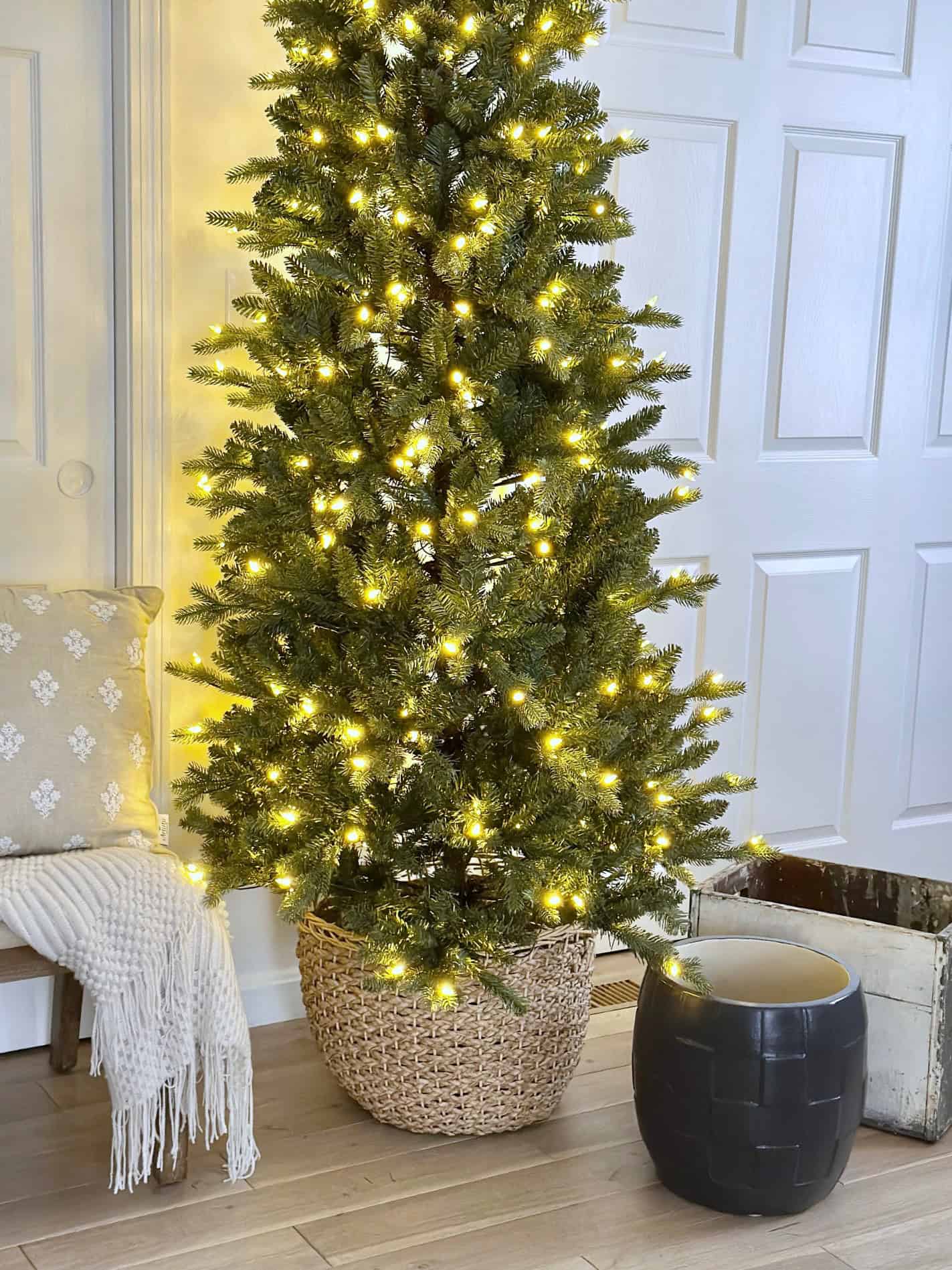 3 planter ideas for a Christmas tree, a pot, a milk crate and basket. 