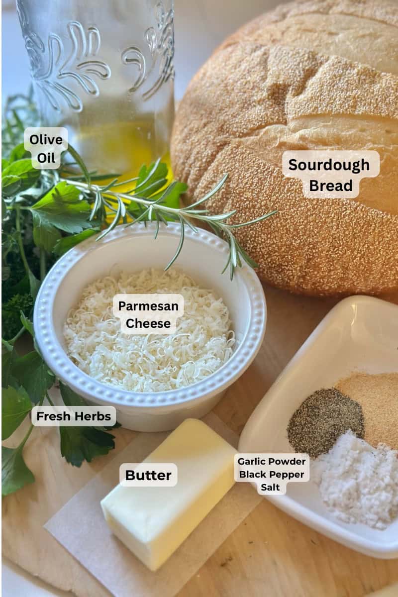 The ingredients for this sourdough bread crouton recipe labeled. 
