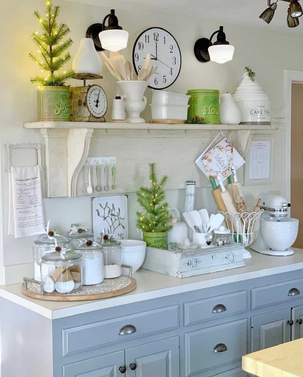 My baking station decorated for Christmas. I used vintage green canisters.