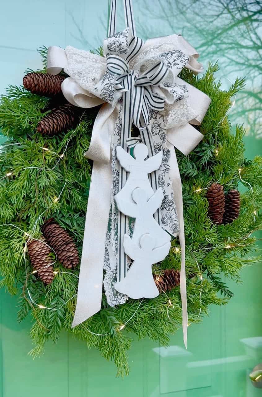 A wreath with vintage type ribbons.