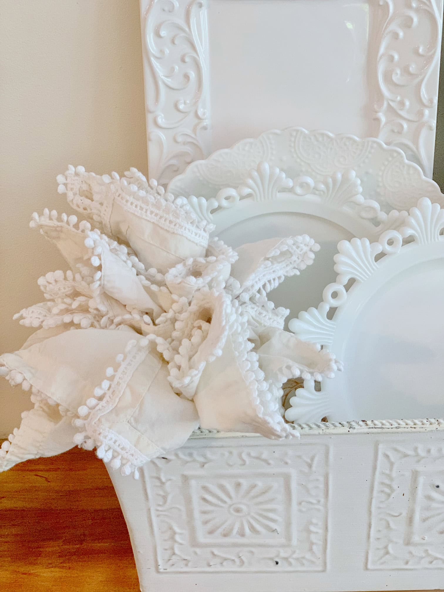 China and linen napkins displayed in my dining room.