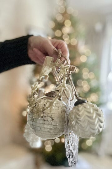 Me holding a cluster of ornaments in front of a Christmas tree. These ornaments came from a Christmas storage bin.