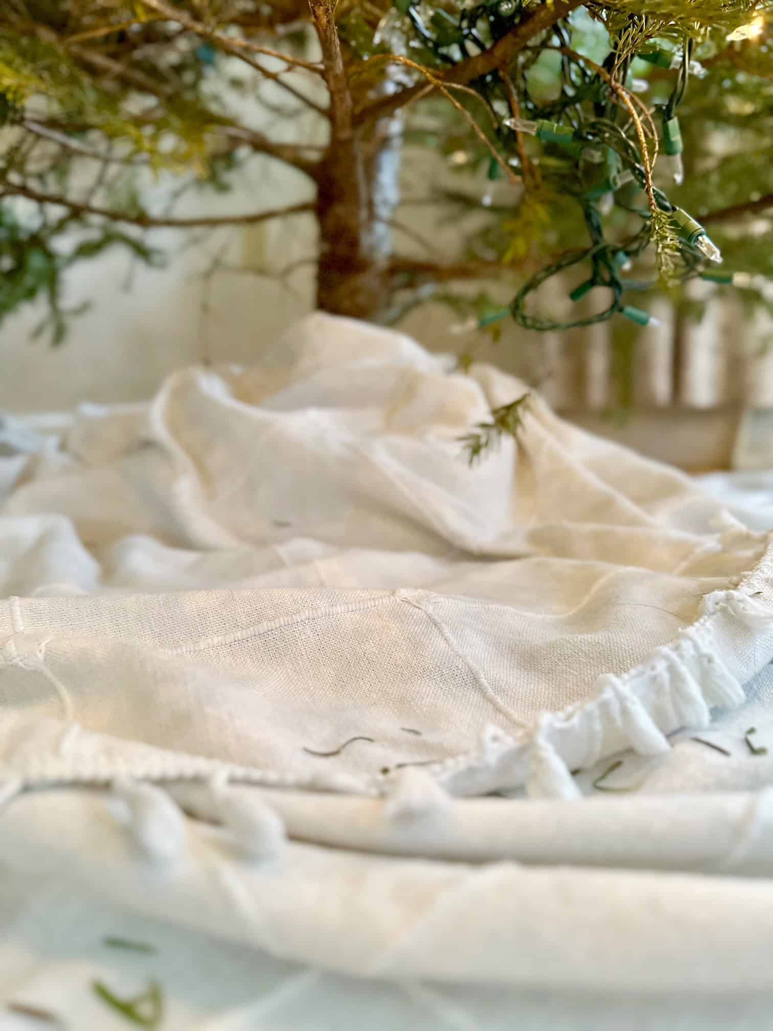 A tablecloth surrounding the trunk of a fresh tree.