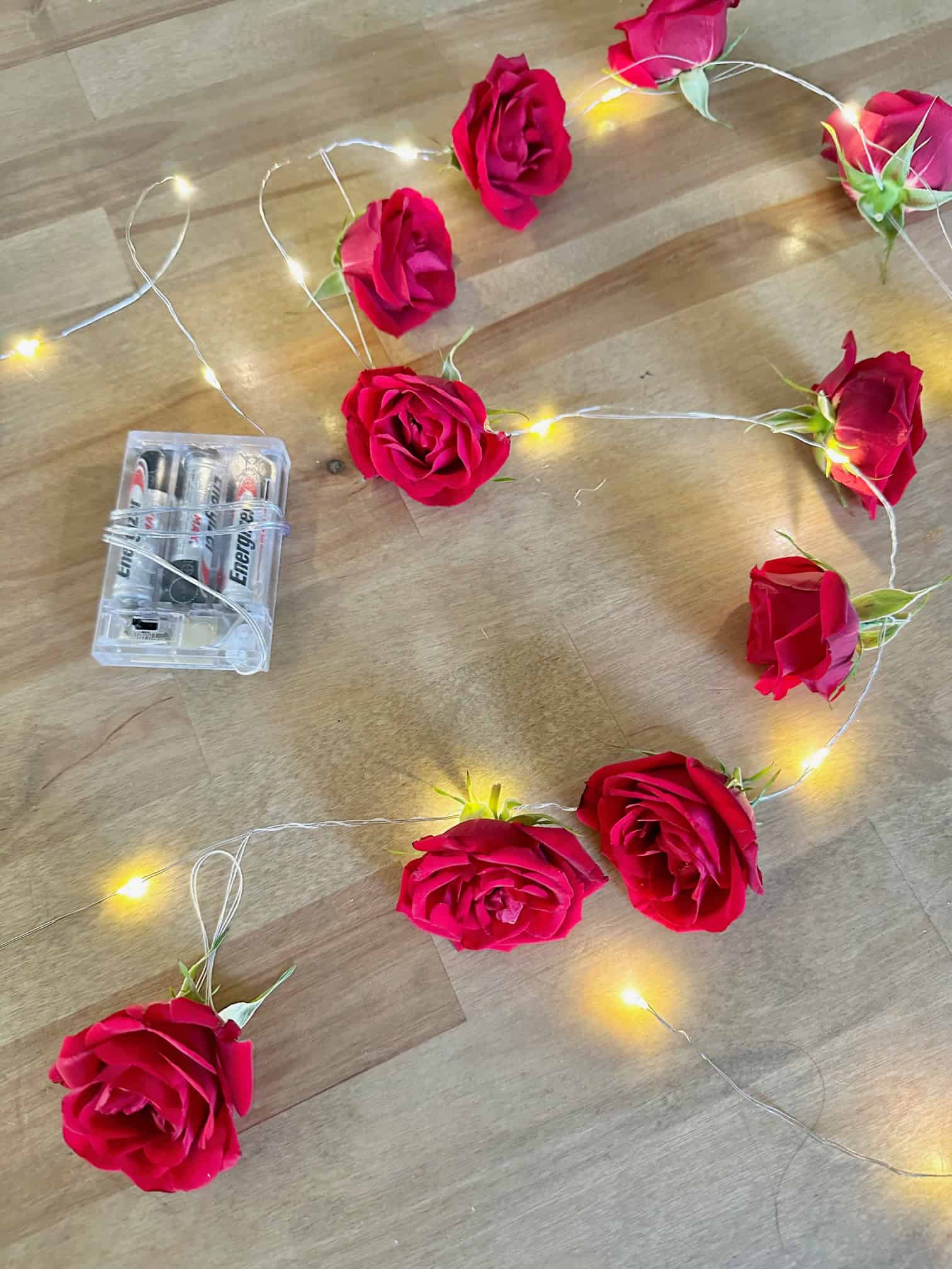 Battery pack with twinkle lights on garland.