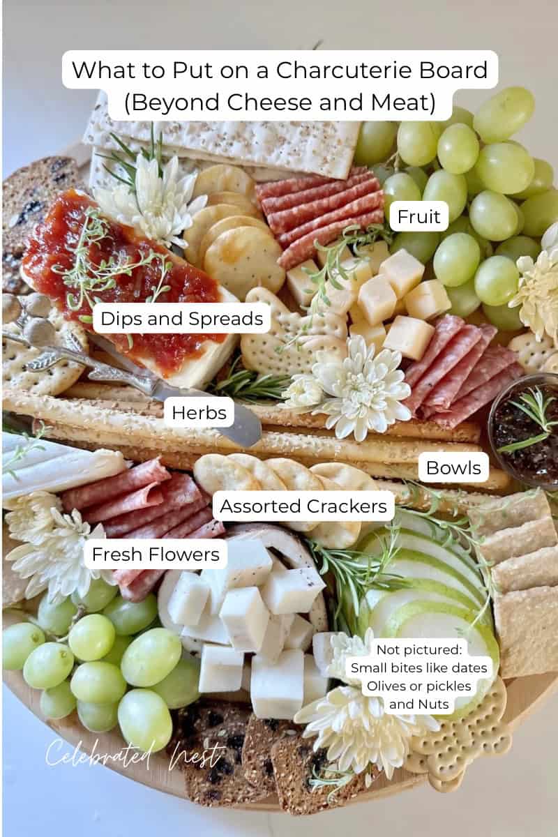 A full charcuterie labeling all the other things you can put on a charcuterie board beyond cheese and meat. 
