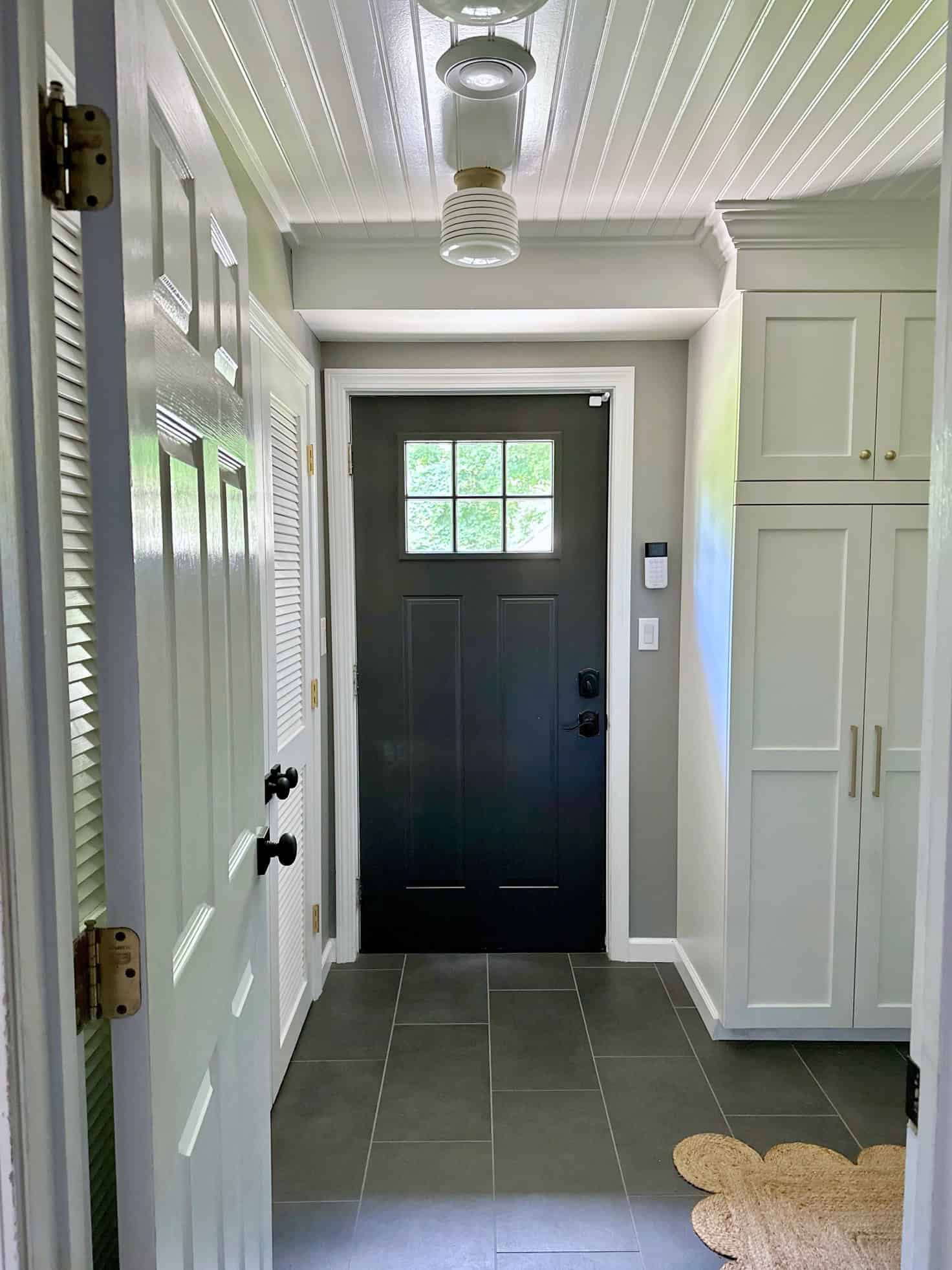 Our backdoor of our laundry room. the door is painted black and has 6 small pane windows on the top. The only natural light. 