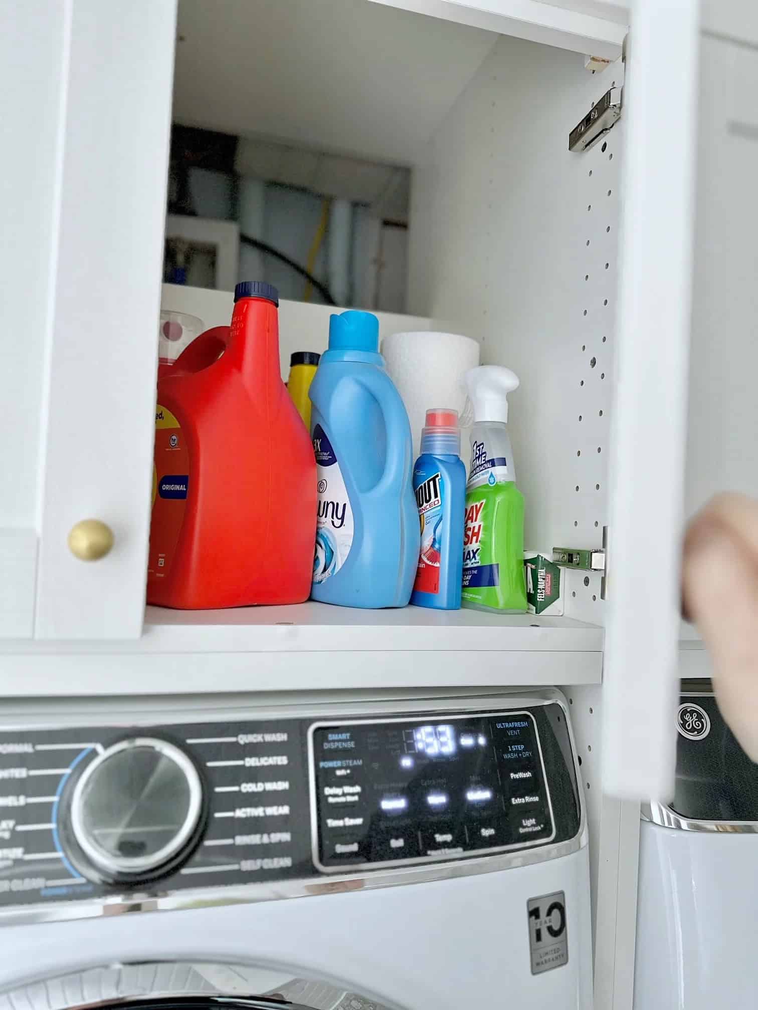 Storage about our washer with all our detergents. 